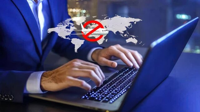 Businessman on a laptop viewing a global map with flight paths and a large reject sign, Visa rejection, visa refusal, visa denied global travel theme