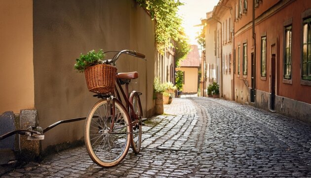 Vintage Bicycle on Cobblestone Street - Vintage/Retro Aesthetics:  . - Powered by Adobe