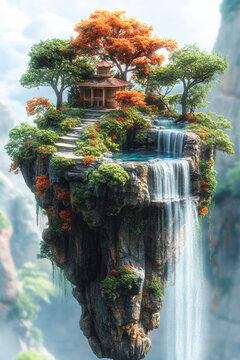 Isometric floating islands with waterfalls and magical flora,