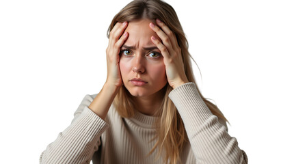 Woman with Headache and Irritated Expression Isolated on a Transparent Background (PNG).