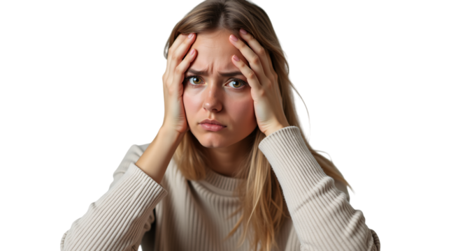 Woman with Headache and Irritated Expression Isolated on a Transparent Background (PNG).