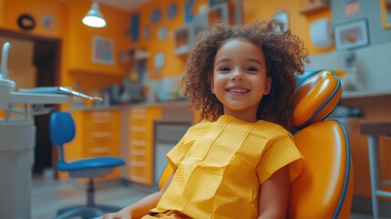 Child Smiling Joyfully in a Bright Dental Clinic During a Check Up. Generative AI