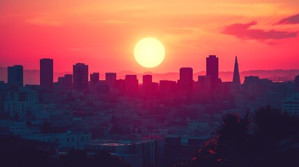 Obraz premium Vibrant Sunset Cityscape Photo: Golden Hour Glow. AI Generated