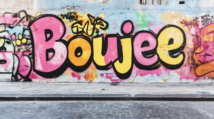  word " Boujee " , paint on wall with grungy graffiti style, Gen Z means something is fancy, luxurious, or extravagant