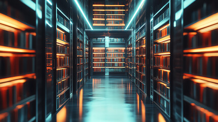 A digital vault filled with neatly arranged tax records, glowing labels in a futuristic library style, sleek and professional