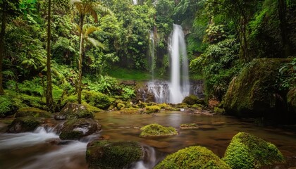 Obraz premium Lush Rainforest Waterfall, Mossy Rocks - Lush Greenery: The image s.