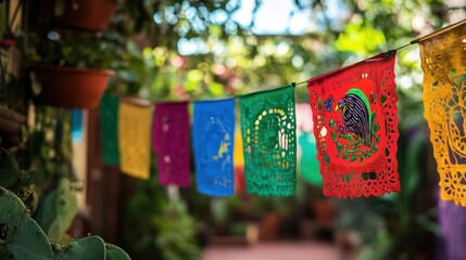 Colorful Paper Flags Hanging in a Garden