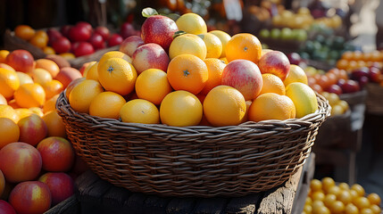 Fresh oranges and apples in wicker basket at market.