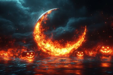 A fiery crescent moon glows over a dark, misty water surface, surrounded by carved pumpkins, creating a haunting Halloween atmosphere.