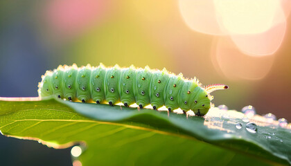 Naklejka premium A bright green caterpillar sits peacefully on the edge of a dew-kissed leaf, showcasing its intricate texture and color as soft morning light filters through the foliage