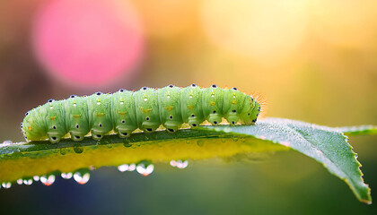 Naklejka premium A vibrant green caterpillar rests on a dew-covered leaf, its color contrasting beautifully with the soft morning light and glistening droplets, highlighting nature's artistry