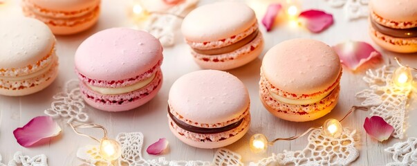Fototapeta premium delicious pastel macarons with fairy lights - - pastel colors