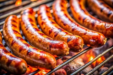 Fototapeta premium Juicy Grilled Sausages: Close-Up Documentary Photography of Sizzling Summer Food