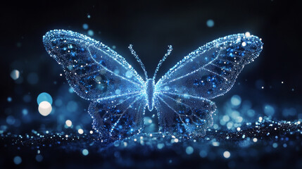 The butterfly consists of particles. The butterfly consists of dots and circles. Blue butterfly on a dark background