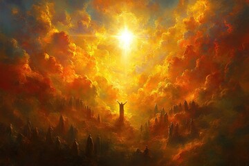 A powerful depiction of a divine figure bathed in golden light, surrounded by vibrant, colorful clouds and shadowy figures below.