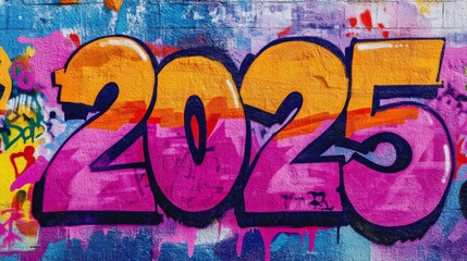 word " 2025 " , paint on wall with grungy graffiti style,  