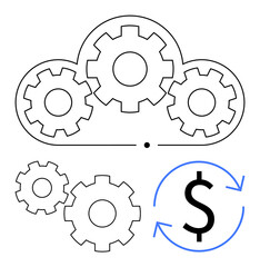 Cloud with gears representing integration and automation with a dollar symbol and circular arrows indicating financial processes. Ideal for tech, finance, business, IT, cloud services, automation