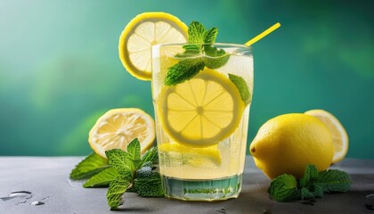 Fototapeta premium Refreshing Lemonade with Mint, Summer Drink - Vibrant colors