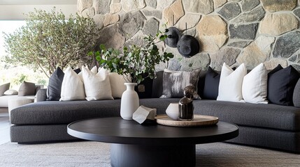 Cozy Living Room with Stone Wall, Charcoal Gray Sofa, White Pillows, and Black Coffee Table