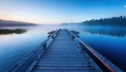 Fototapeta premium Serene Misty Lake Wooden Dock Sunrise - Tranquil nature scenes