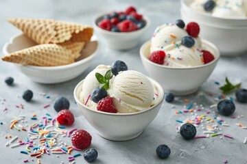 Vanilla Ice Cream Scoops with Sprinkles and Berries