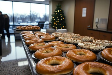 The office break room has a spread of bagels, cream cheese, and hot coffee to start