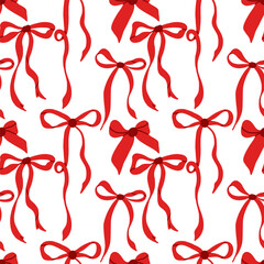 Seamless pattern of red bows on a white background.	