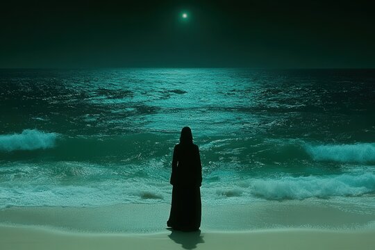 A silhouette of a woman in a long black dress stands by the dark shore, gazing at the moonlit ocean with a mystical ambiance.