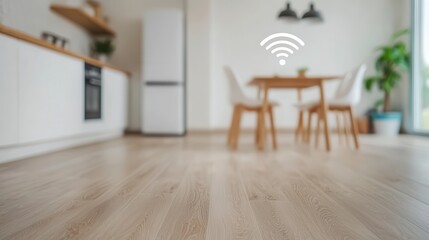 A modern kitchen-dining space featuring wooden flooring, a minimalist table, and a WiFi symbol, creating a cozy and connected atmosphere.