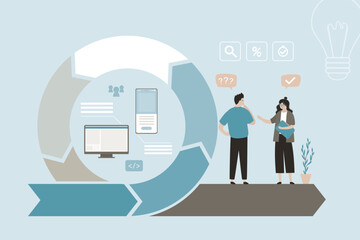 Agile methodology, business project development process, daily decisions management method. Colleagues talking, team with tools and devices at work near flexible circular arrow.