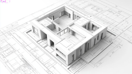 Fototapeta premium Wireframe blueprint drawing of 3D building. Vector architectural template background.