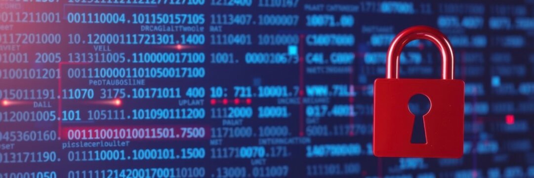 Digital security and data protection represented by a red padlock in front of a background filled with binary code and matrix-style numbers, symbolizing cybersecurity and encryption methods