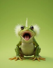 Fototapeta premium A Green Frog with a Fluffy Crest Smiles Widely
