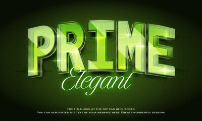 &rdquo;Prime Elegant&rdquo; Editable title logo text style effect in green glowing glass neon, sans serif typeface
