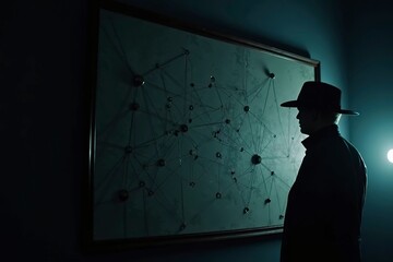 Dark shadowy detective investigation board with connected strings, showcasing intricate problem-solving and strategic thinking in unraveling complex mysteries.