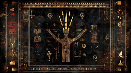 a shaman ancient tribalbackgorund whimsical bizarre illustration artful design, unique colorful and grungy  texture