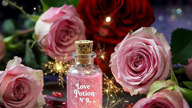 A small, elegant glass bottle filled with a glowing pink liquid labeled "Love Potion No. 9," surrounded by roses and glittering sparkles