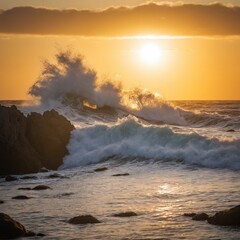 Obraz premium A dynamic scene of ocean waves crashing against rocks, with the golden hues of a setting sun reflected on the water.