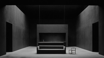 Dark minimalist room with sofa and chair.