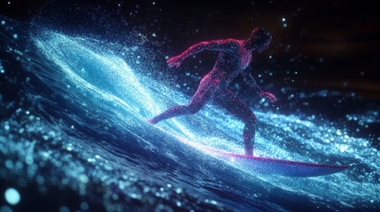 Fototapeta premium Hologram surfing. Holographic projection of a surfer. Flickering energy flux of particles. The scientific design of the sport.