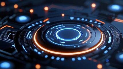 Fototapeta premium Futuristic digital interface with glowing circular elements and intricate circuitry.