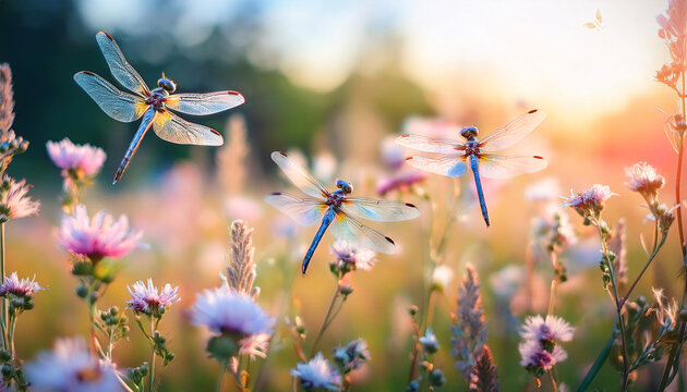 A group of lively dragonflies flit gracefully over a colorful meadow brimming with wildflowers, their transparent wings glistening in the warm light of a sunny afternoon