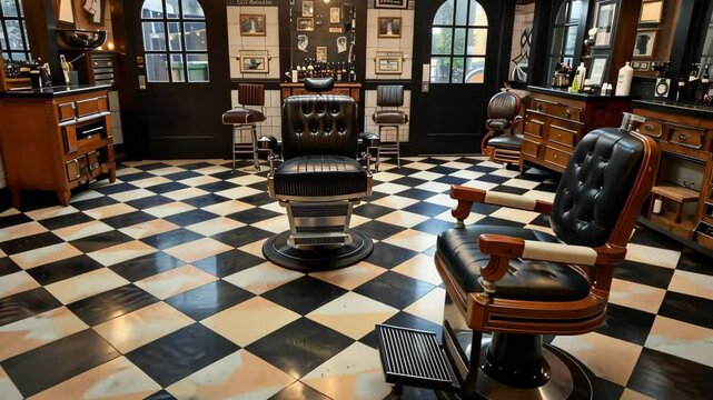 Classic Vintage Barber Shop Interior With Patterned Floors and Wooden Furnishings During the Day
