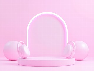 Minimalist pink podium with headphones and neon arch, perfect for modern design.
