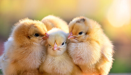 A delightful cluster of fluffy yellow chicks huddles together in a circular formation, their tiny beaks nestled inward. The soft sunlight casts a warm glow, enhancing their cuteness