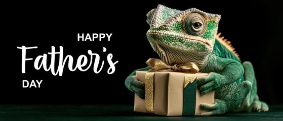 Happy Fathers Day: Chameleon Holding a Gift Box