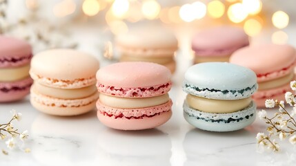 Obraz premium pastel macarons on marble background - pastel colors