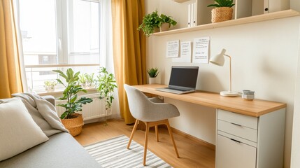 Fototapeta premium A bright and cozy home office featuring a wooden desk, laptop, plants, and natural light from large windows.