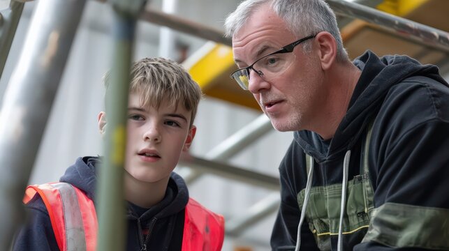 A male builder teaching a young apprentice how to secure scaffolding safely in a training area