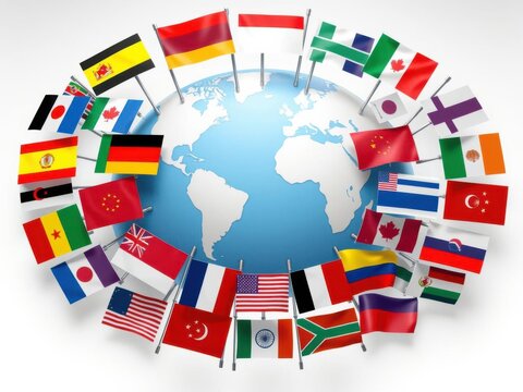 Colorful representation of national flags surrounding a blue globe symbolizing global unity and diversity, suitable for themes of international collaboration and cultural exchange.